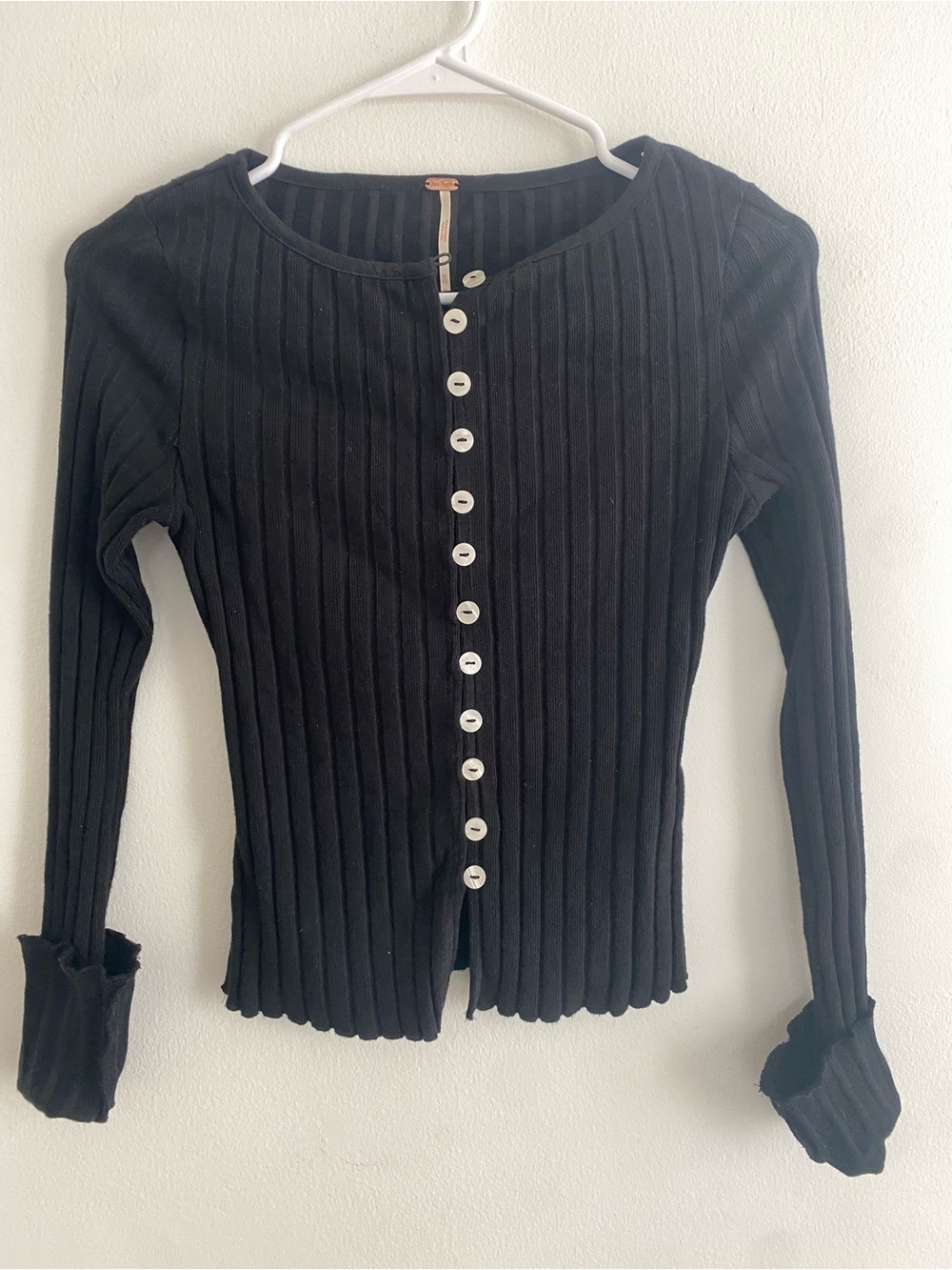 Free People Black Ribbed Long-Sleeve Button Front Top